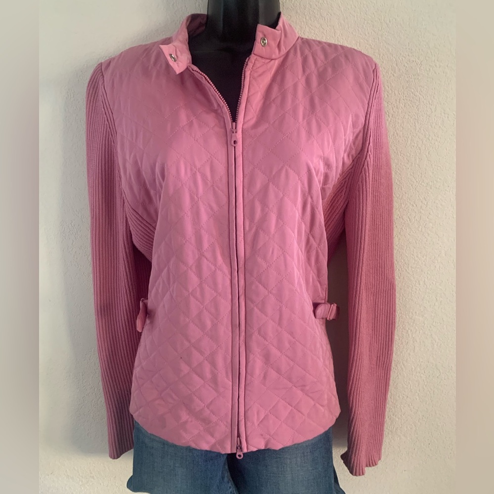 Sigrid Olsen Pink Jacket Large Quilted Silky Knit Sleeves Zip Up Mandarin Collar